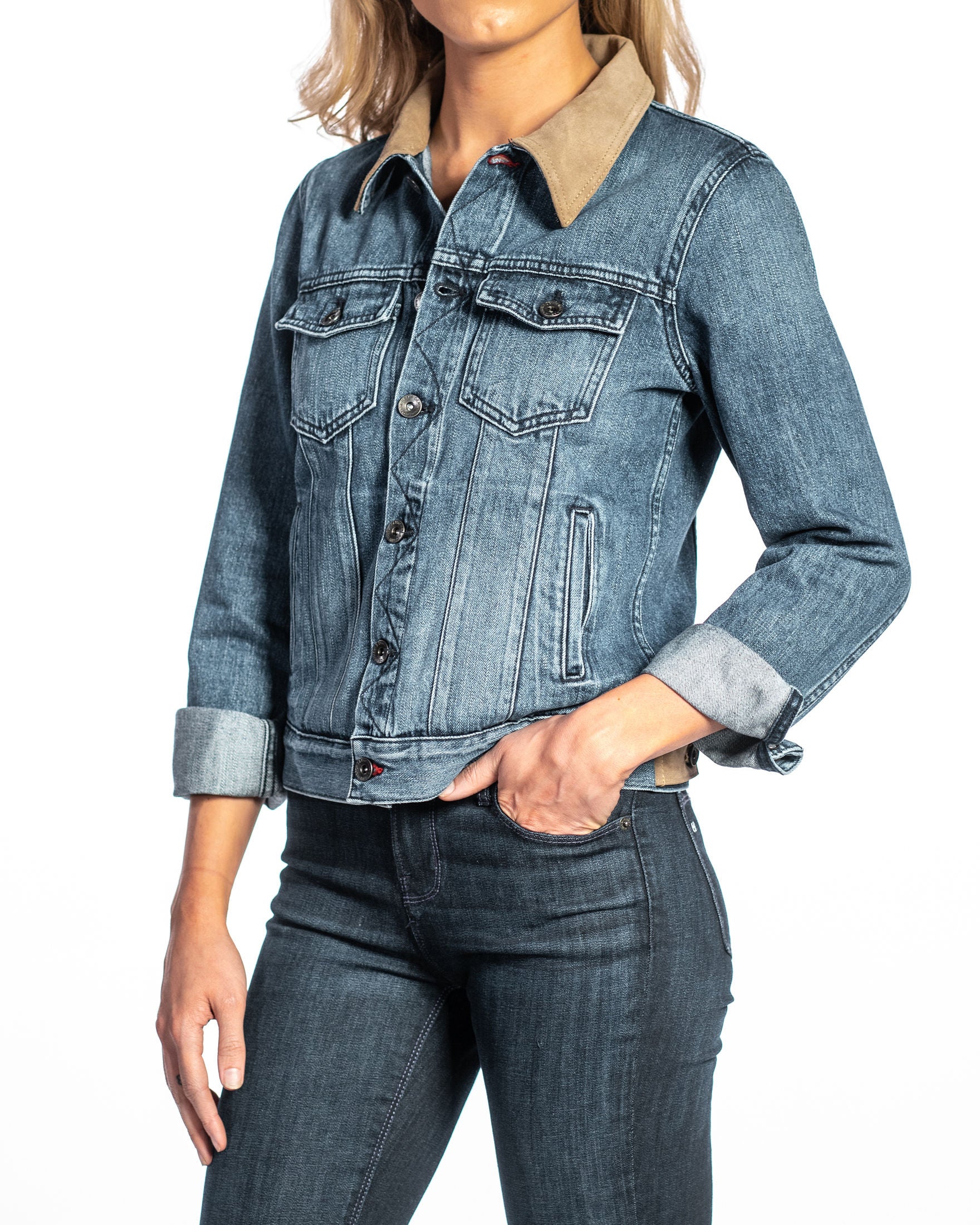 Denim & Taupe Suede Jacket (Indigo Stone) Navy Stitch