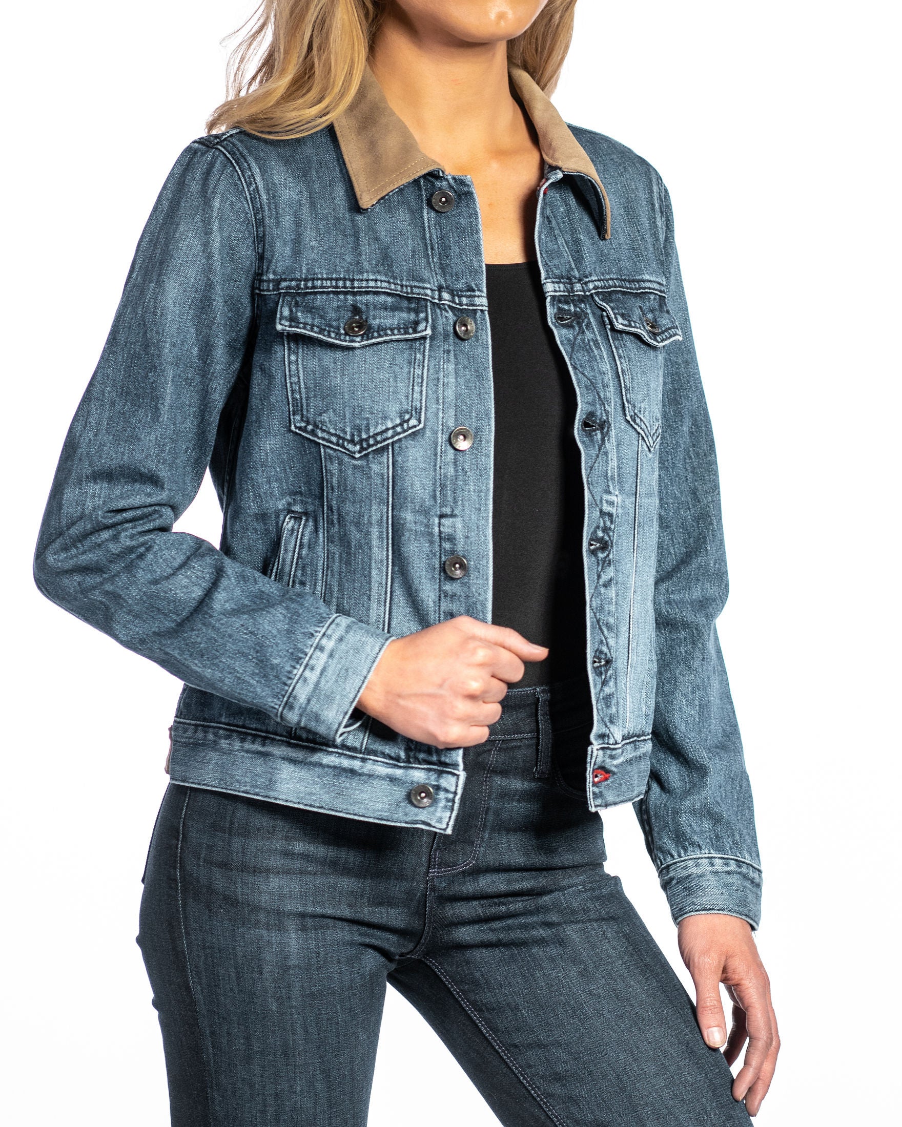 Denim & Taupe Suede Jacket (Indigo Stone) Navy Stitch