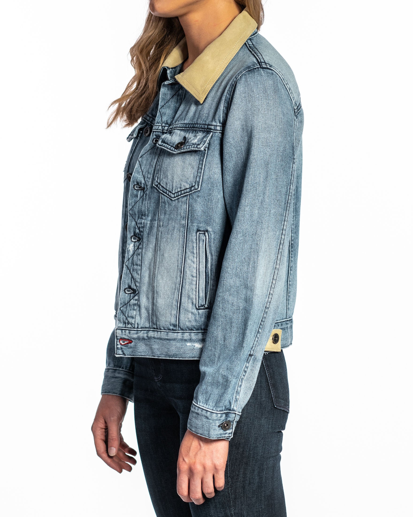 Denim & Cream Suede Jacket (Vintage Distressed) Navy Stitch