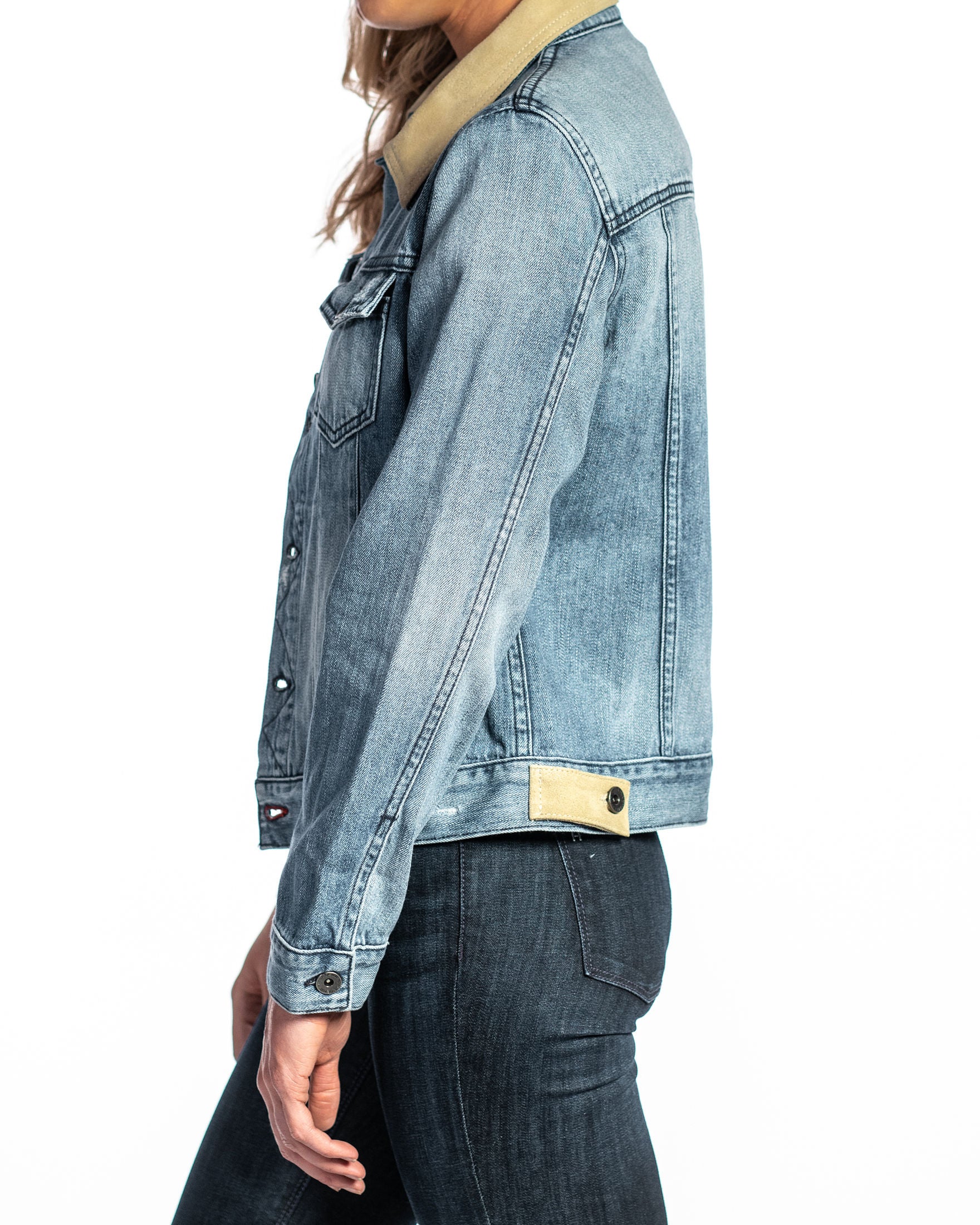 Denim & Cream Suede Jacket (Vintage Distressed) Navy Stitch