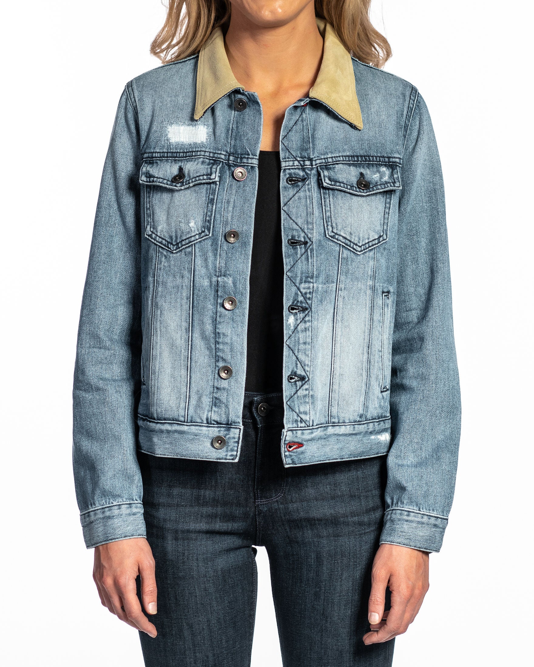 Denim & Cream Suede Jacket (Vintage Distressed) Navy Stitch