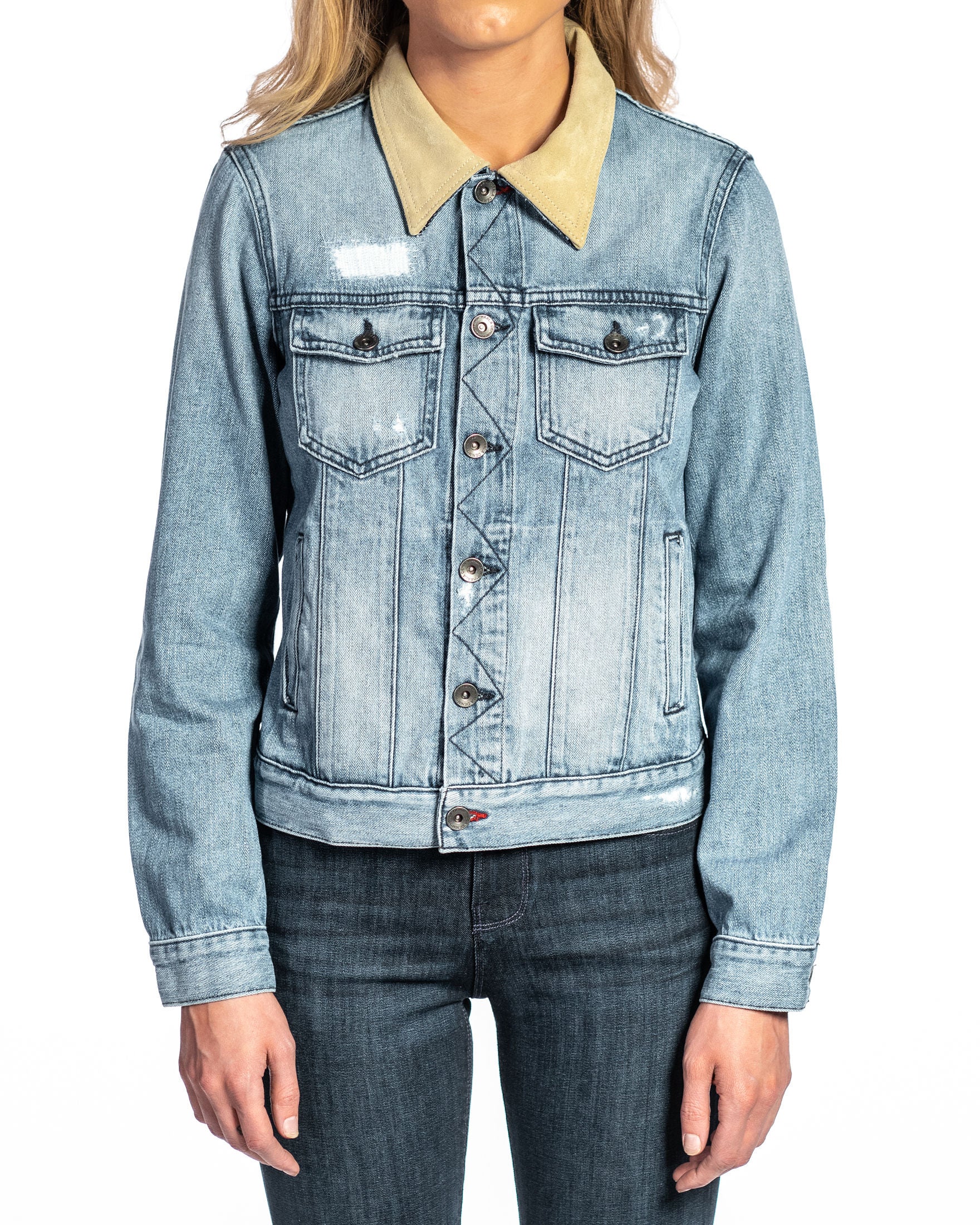 Denim & Cream Suede Jacket (Vintage Distressed) Navy Stitch